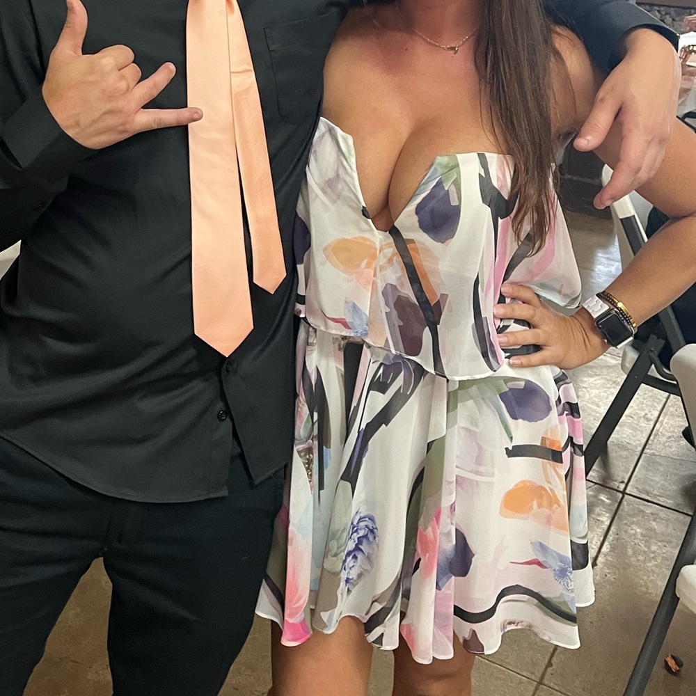 bebe Peach Satin Party Tie and Pastel Floral Dress Set